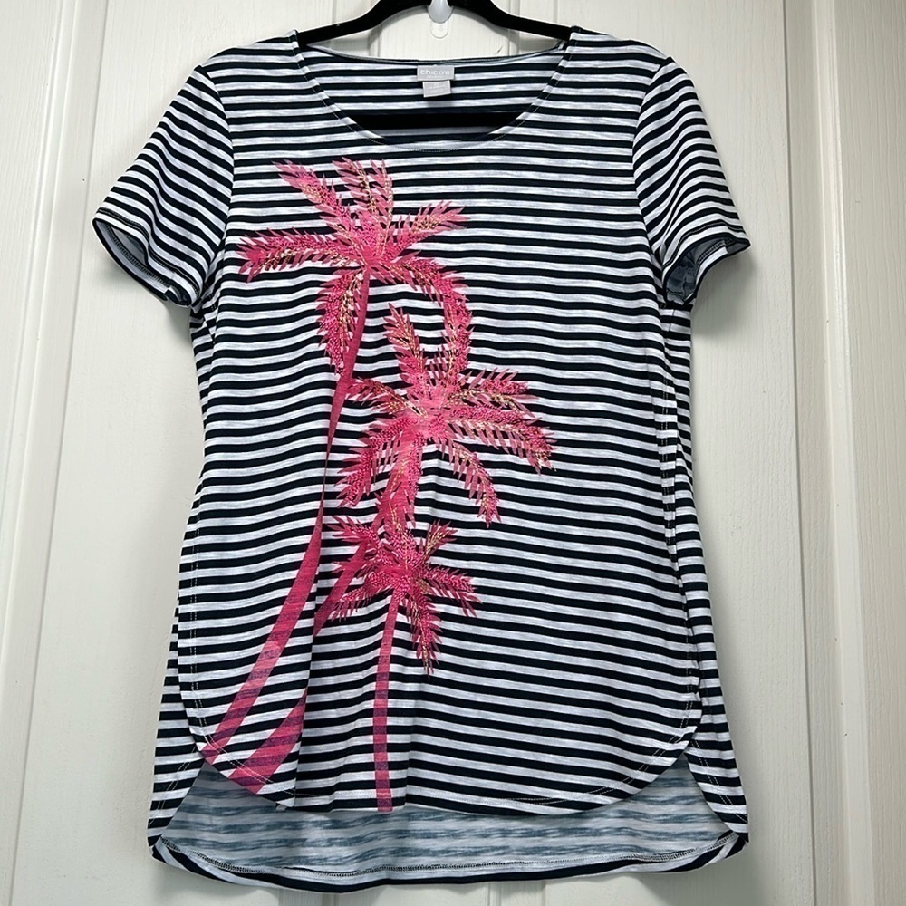 CHICO’S Embroidery Palm Tree Striped Tee Sz 0 (US 4-6)